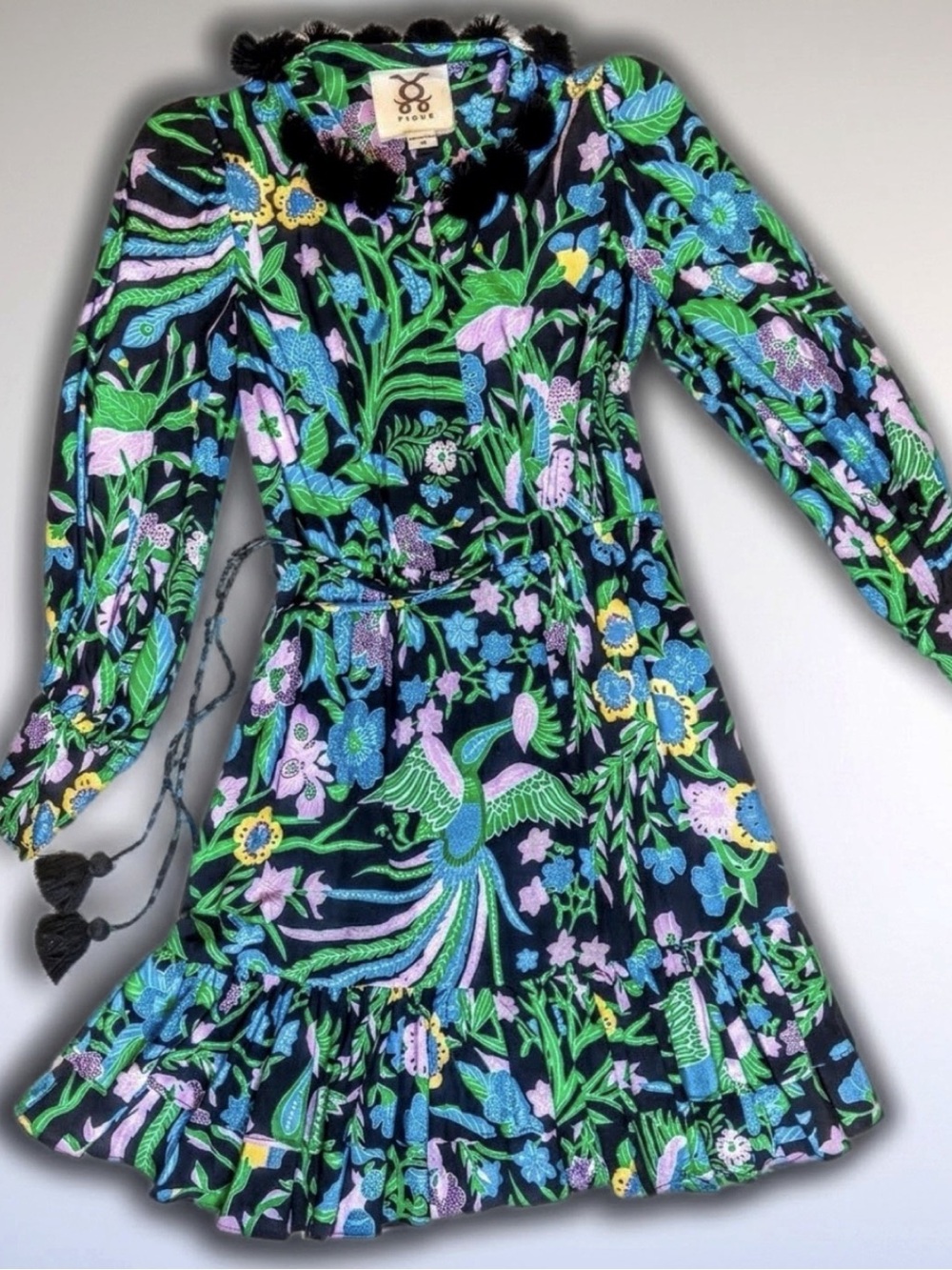 FIGUE Ella Ruffle Midi Dress - XS - Vibrant Birdsong Print & Pom Pom Details